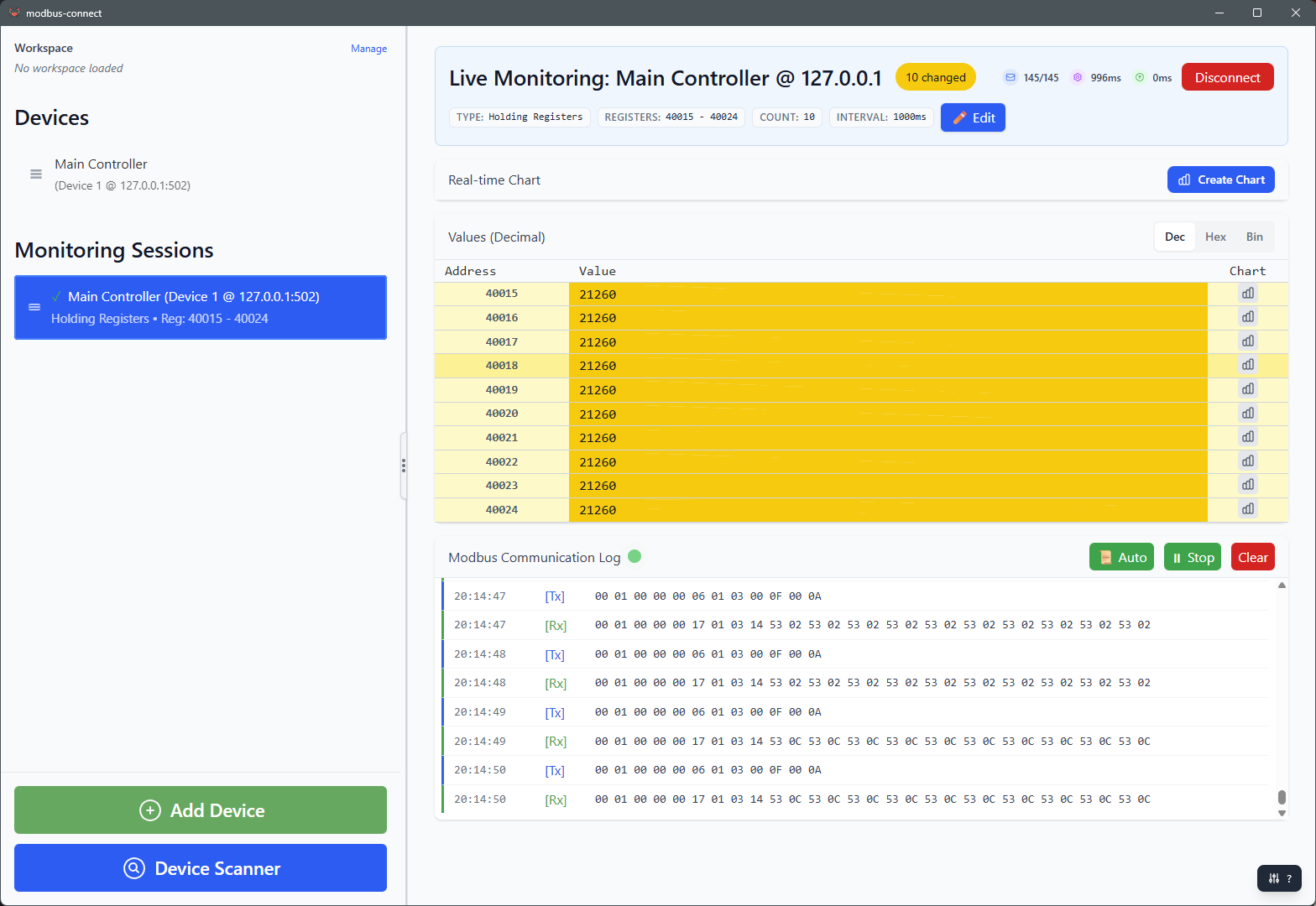Modbus Connect Live Monitoring