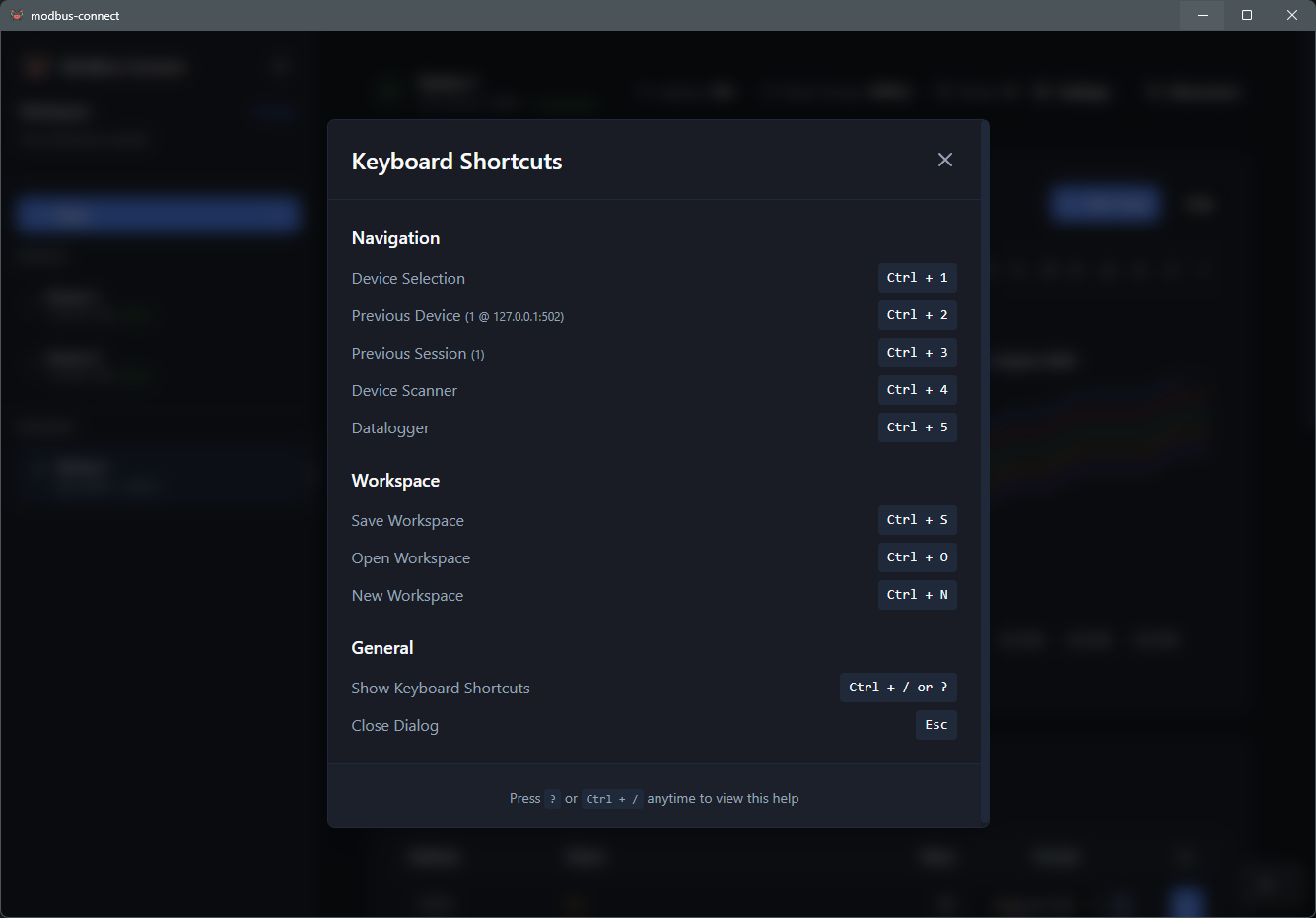 Modbus Connect Keyboard Shortcuts