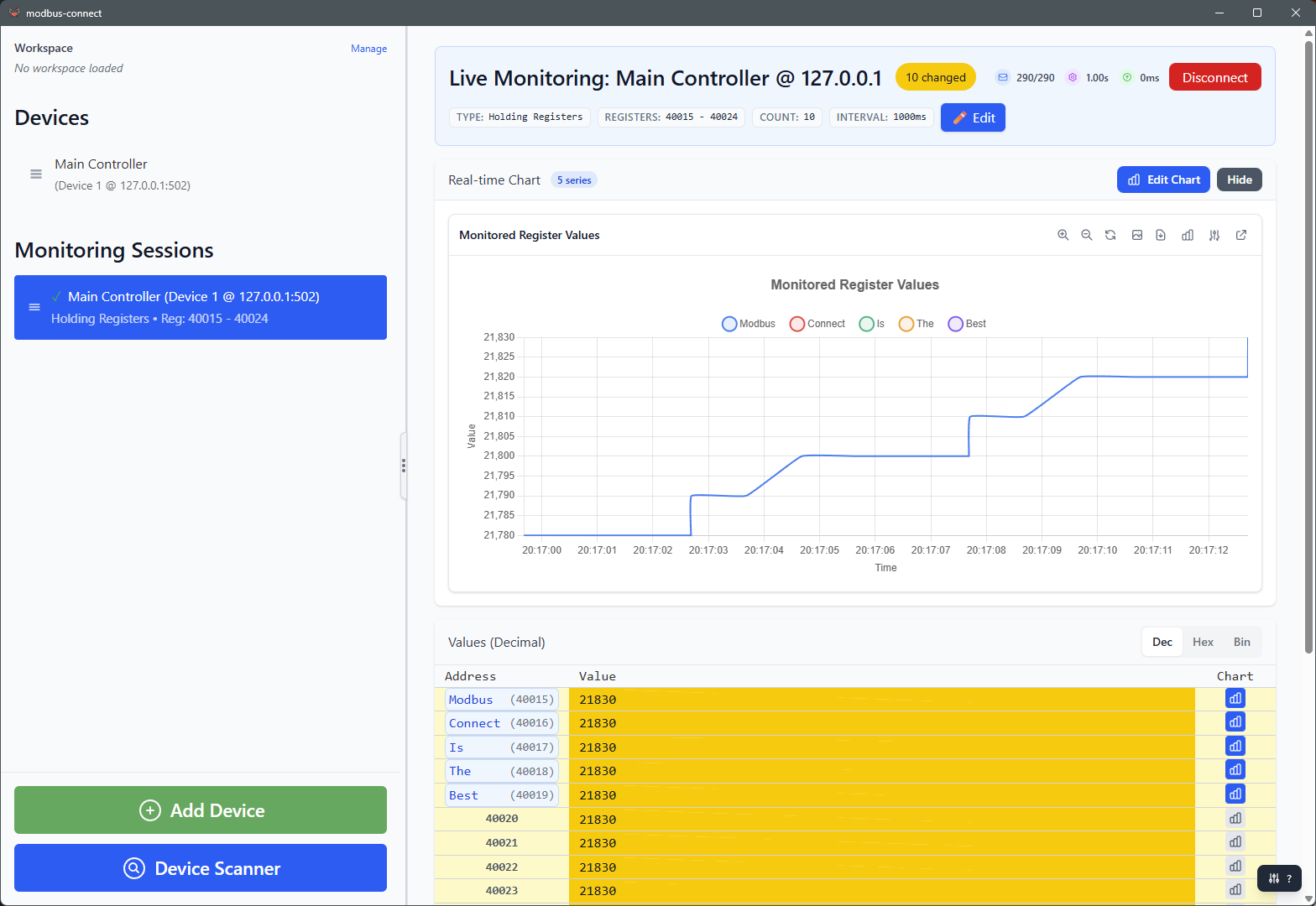 Modbus Connect Real-Time Charts
