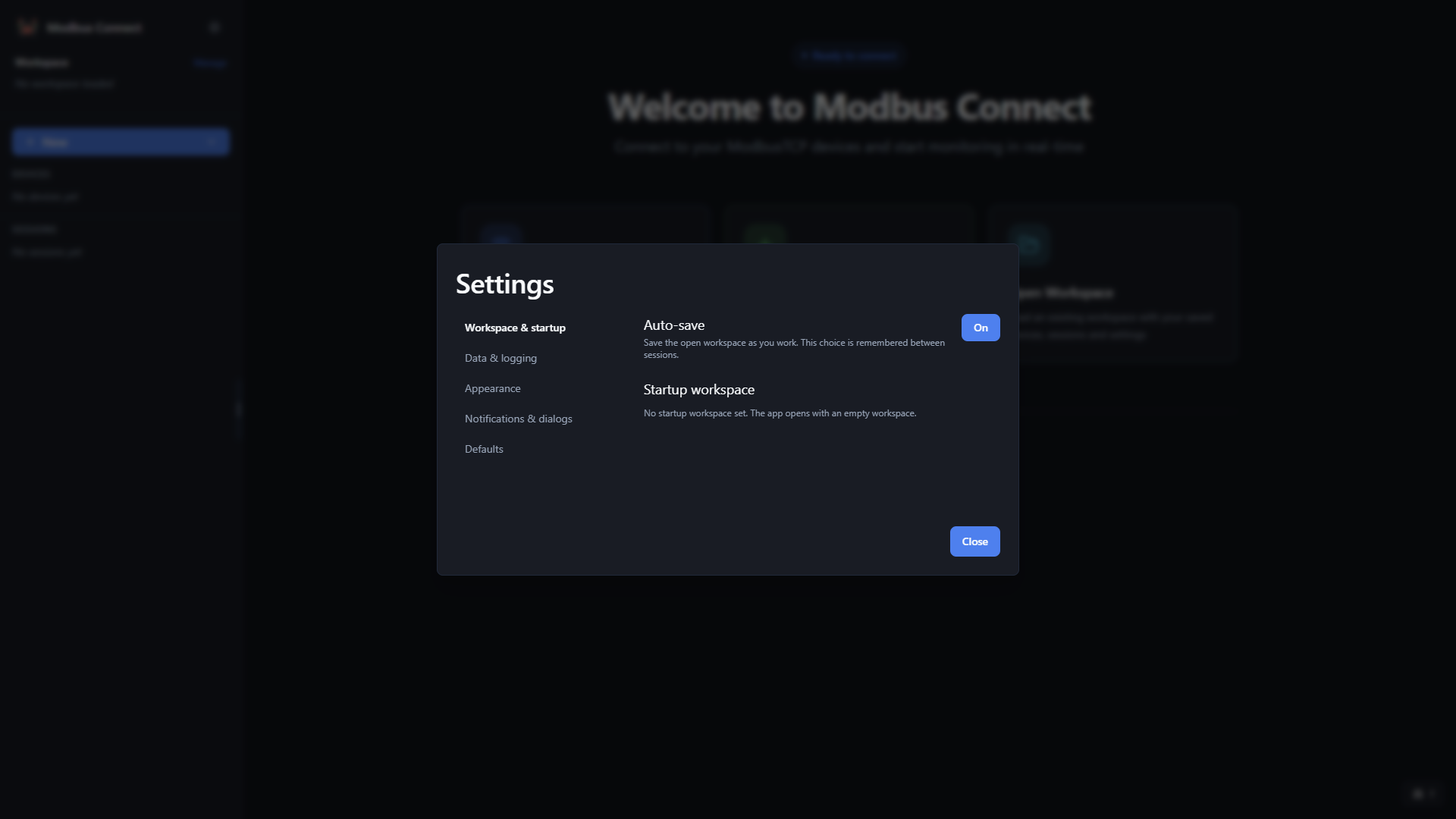 The Modbus Connect Settings dialog in the dark theme, with the panel grouped into Workspace & startup, Data & logging, Appearance, Notifications & dialogs, and Defaults, and the Auto-save and Startup workspace options on the right.